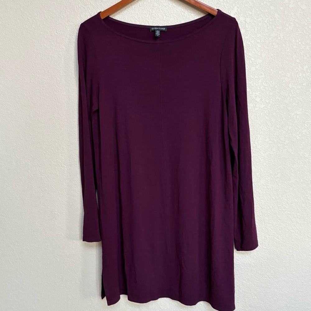 Eileen Fisher Burgundy Purple Long Sleeve Tunic Dress Top S/P Stretch Knit‎